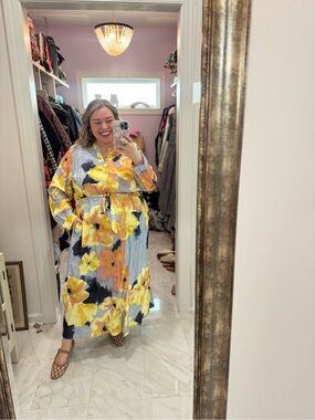Ulla Popken Vibrant Floral Dress in Yellow & Blue